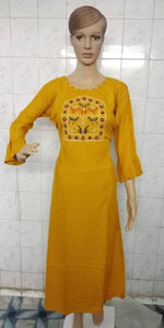 Stylish Rayon Mustard Embroidered Bell Sleeves Ethnic Gown For Women