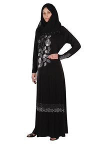 Stylish Black Lycra Beads And Stone Work Abaya Burkha For Women