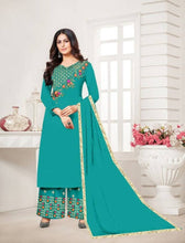 Load image into Gallery viewer, Alluring Turquoise Rayon Zari Embroidered Women Kurta Palazzo Set With Dupatta