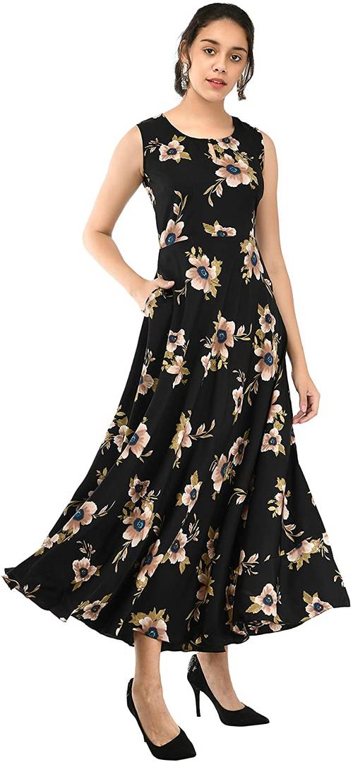Stylish American Crepe Black Floral Printed Round Neck Sleeveless Gown For Women