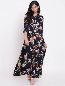 Stylish Rayon Navy Blue Floral Printed Gown For Women