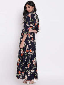 Stylish Rayon Navy Blue Floral Printed Gown For Women