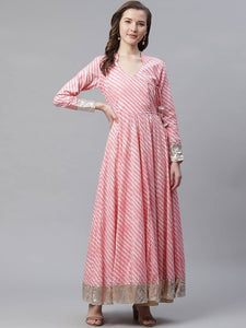 Stylish Cotton Pink Leheriya Printed Gown For Women