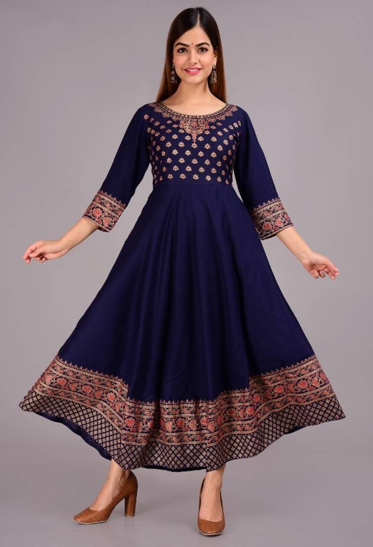 Stunning Navy Blue Rayon Digital Printed Anarkali Kurta For Women