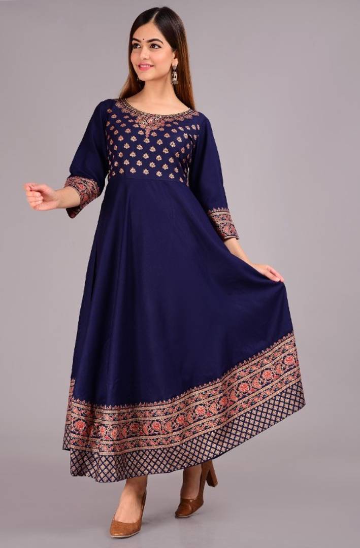 Stunning Navy Blue Rayon Digital Printed Anarkali Kurta For Women