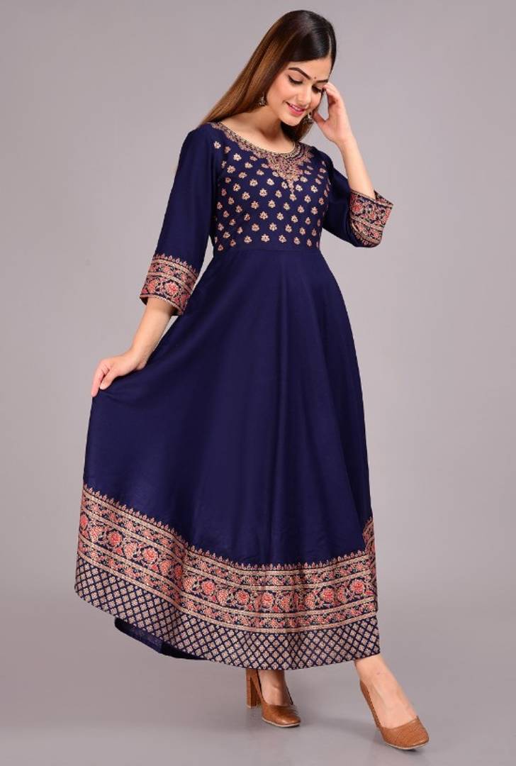 Stunning Navy Blue Rayon Digital Printed Anarkali Kurta For Women