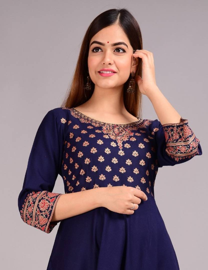 Stunning Navy Blue Rayon Digital Printed Anarkali Kurta For Women