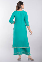Load image into Gallery viewer, Alluring Turquoise Rayon Gota Work Kurta Palazzo Set For Women