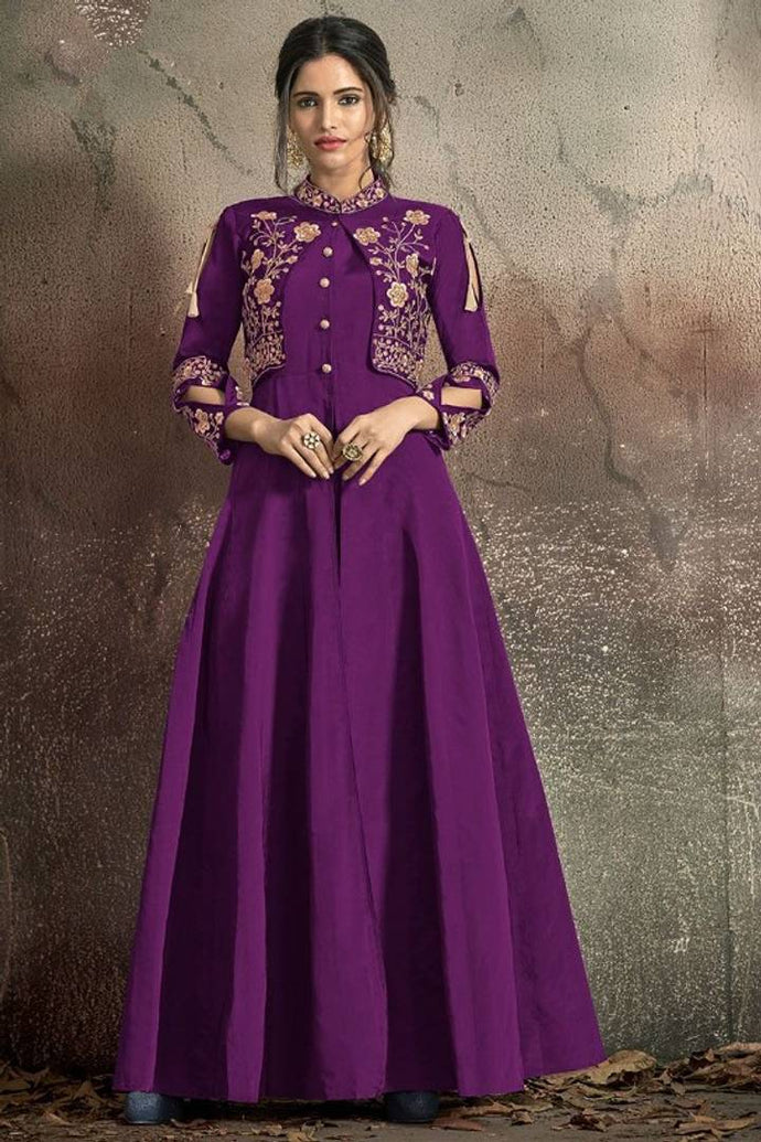 Stylish Taffeta Satin Purple Embroidered Full Sleeves Gown For Women