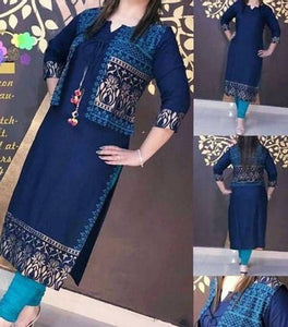 Elegant Blue Rayon Printed Straight Kurta with Jacket For Women