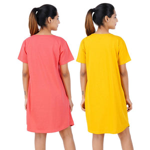 Printed Cotton Short Night Dress For Women 2 Pieces Combo I Am So Cute Tomato Red Be Kind Yellow