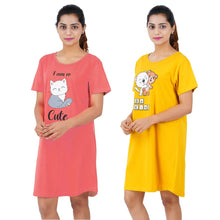 Load image into Gallery viewer, Printed Cotton Short Night Dress For Women 2 Pieces Combo I Am So Cute Tomato Red Be Kind Yellow