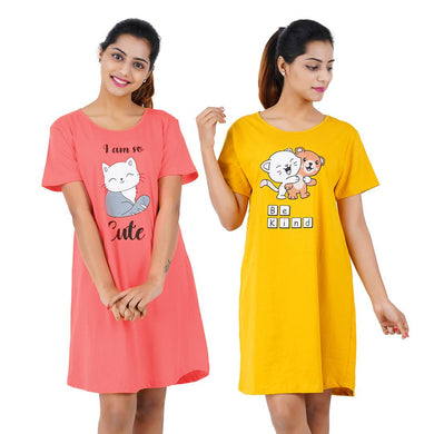 Printed Cotton Short Night Dress For Women 2 Pieces Combo I Am So Cute Tomato Red Be Kind Yellow
