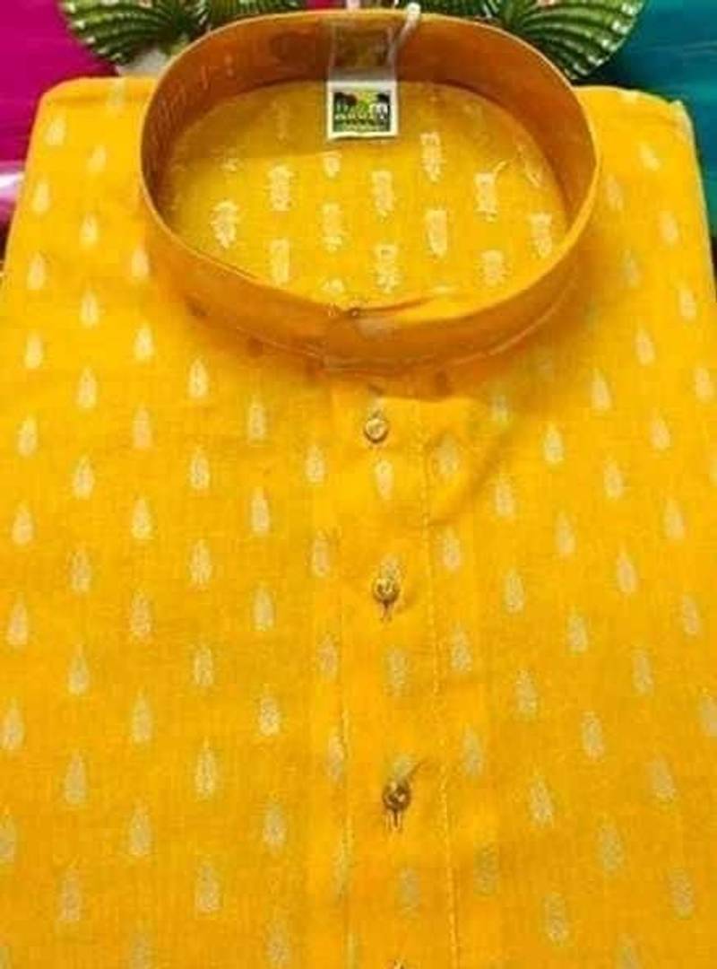 Stylish Yellow Cotton Printed Design Knee Length Kurtas For Men And Boys