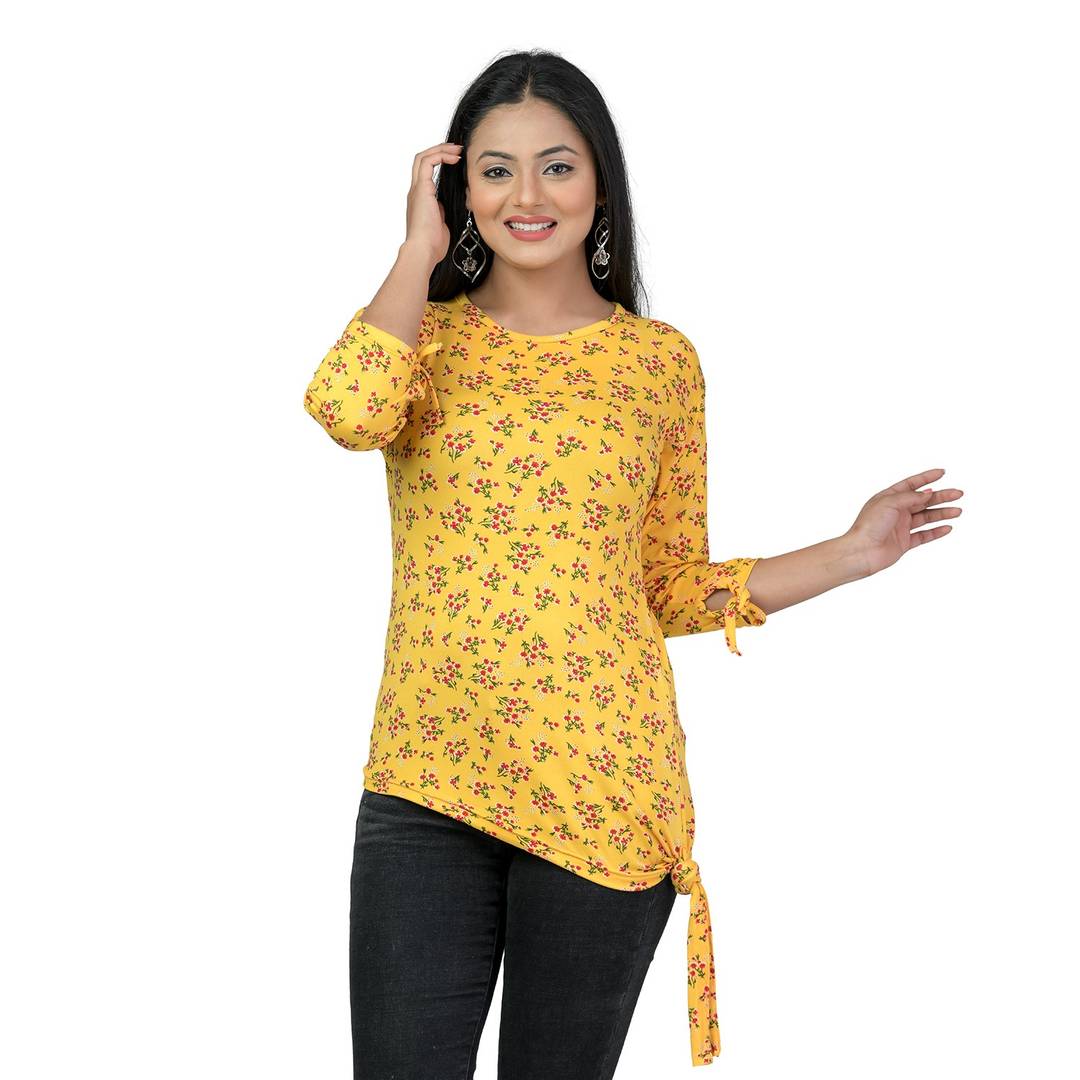 Elegant Yellow Lycra Floral Print Women Tops with with a Free Key Ring