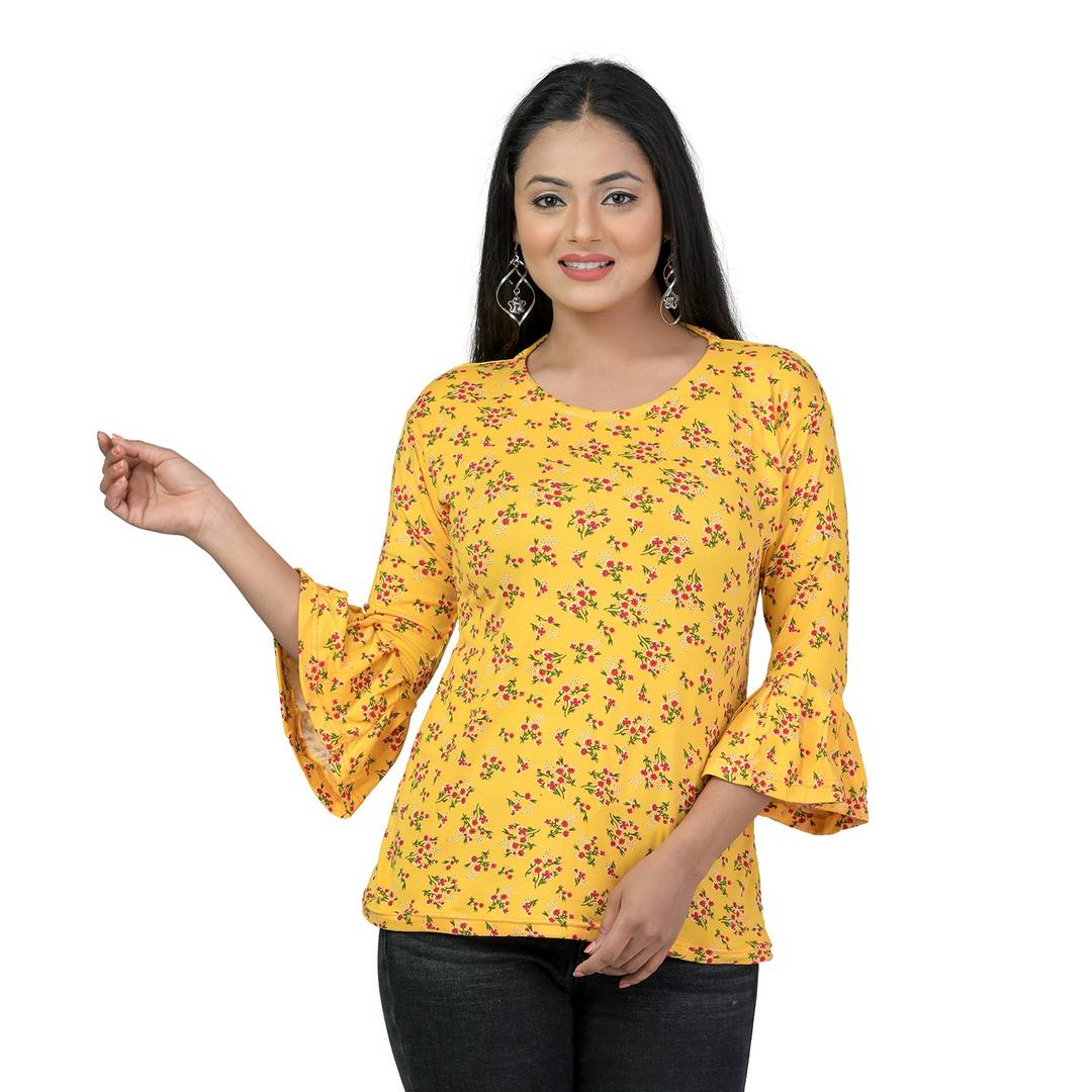 Elegant Yellow Lycra Floral Print Women Tops with with a Free Key Ring