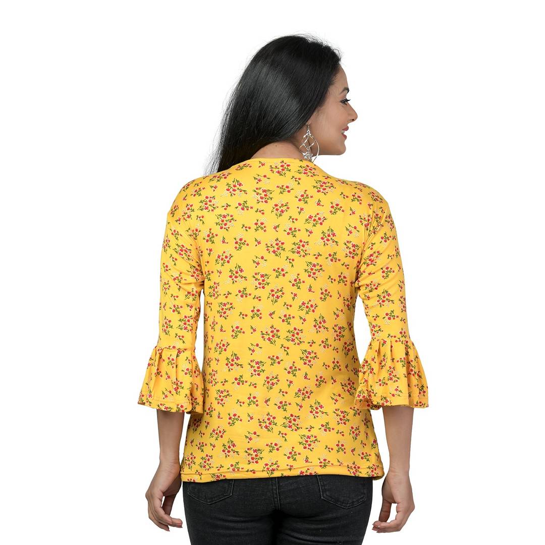 Elegant Yellow Lycra Floral Print Women Tops with with a Free Key Ring