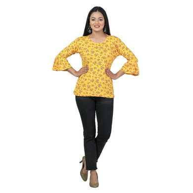 Elegant Yellow Lycra Floral Print Women Tops with with a Free Key Ring