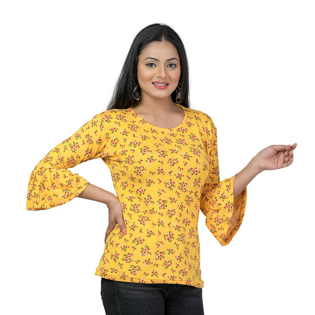 Elegant Yellow Lycra Floral Print Women Tops with with a Free Key Ring