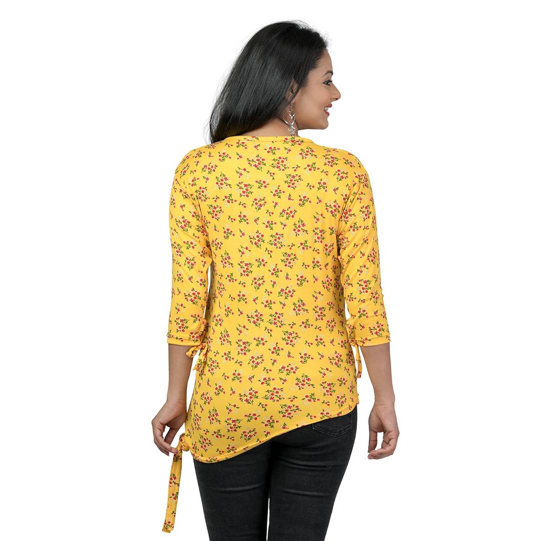 Elegant Yellow Lycra Floral Print Women Tops with with a Free Key Ring