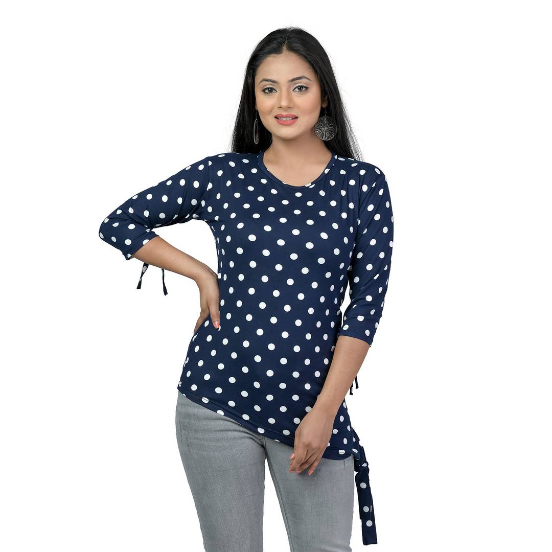 Elegant Navy Blue Lycra Floral Print Women Tops with with a Free Key Ring