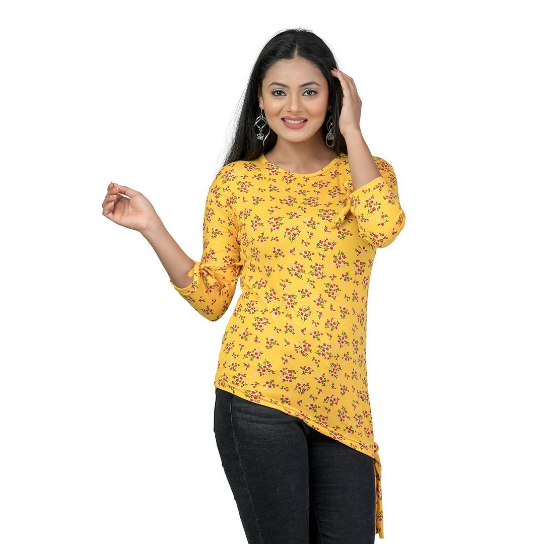 Elegant Yellow Lycra Floral Print Women Tops with with a Free Key Ring
