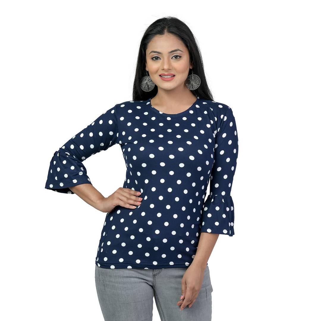 Elegant Navy Blue Lycra Floral Print Women Tops with with a Free Key Ring