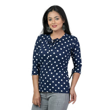 Load image into Gallery viewer, Elegant Navy Blue Lycra Floral Print Women Tops with with a Free Key Ring