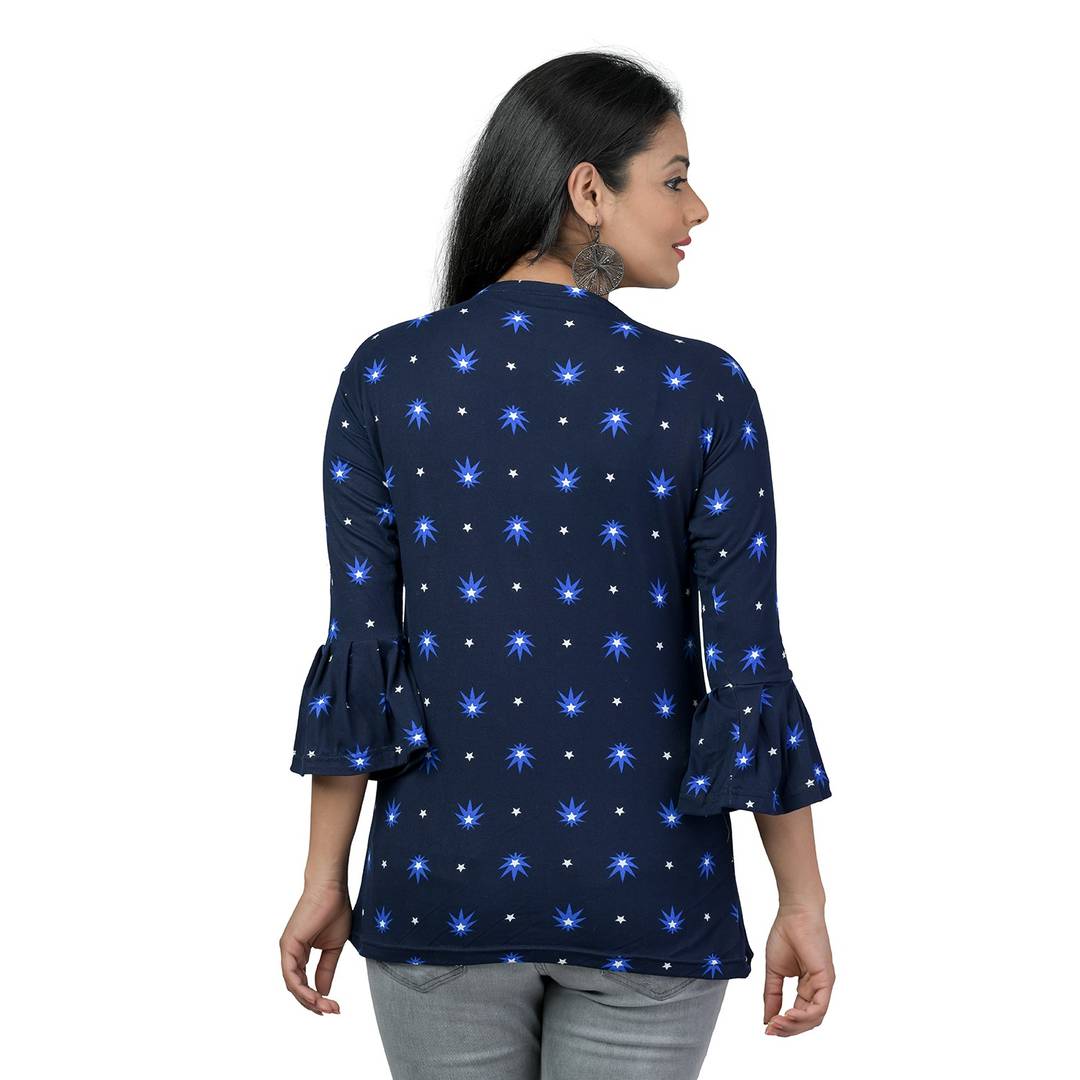 Elegant Navy Blue Lycra Floral Print Women Tops with with a Free Key Ring