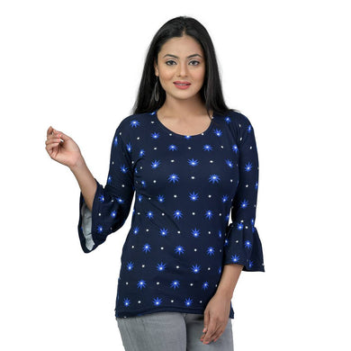 Elegant Navy Blue Lycra Floral Print Women Tops with with a Free Key Ring
