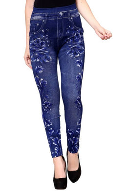 Women's Cotton Blend Casual Floral Print Stretchable Jeggings Blue (Free Size 28-34 Waist) - Set of 1