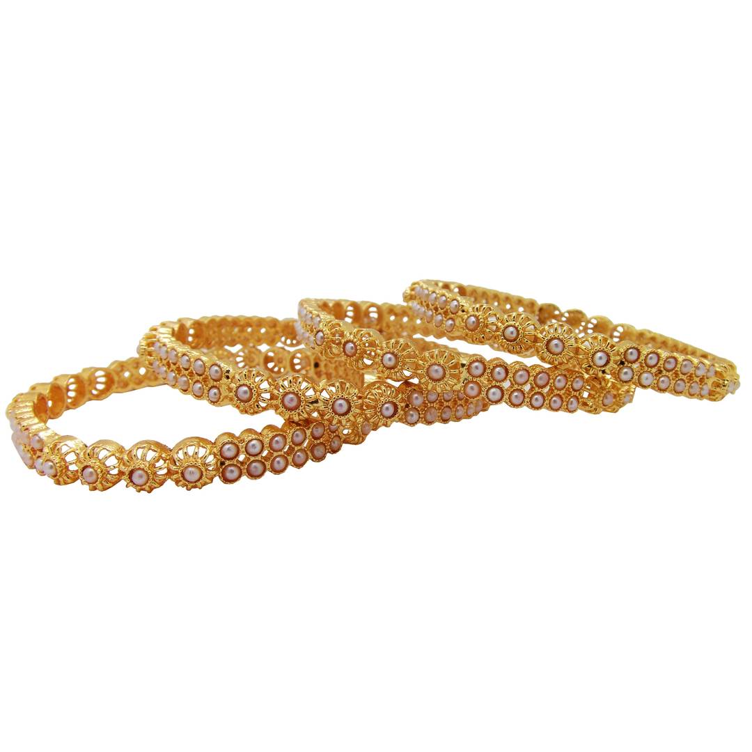 Women's Gold Plated Pearl Studded Set Of 2 (4Pc) Kada Bangle