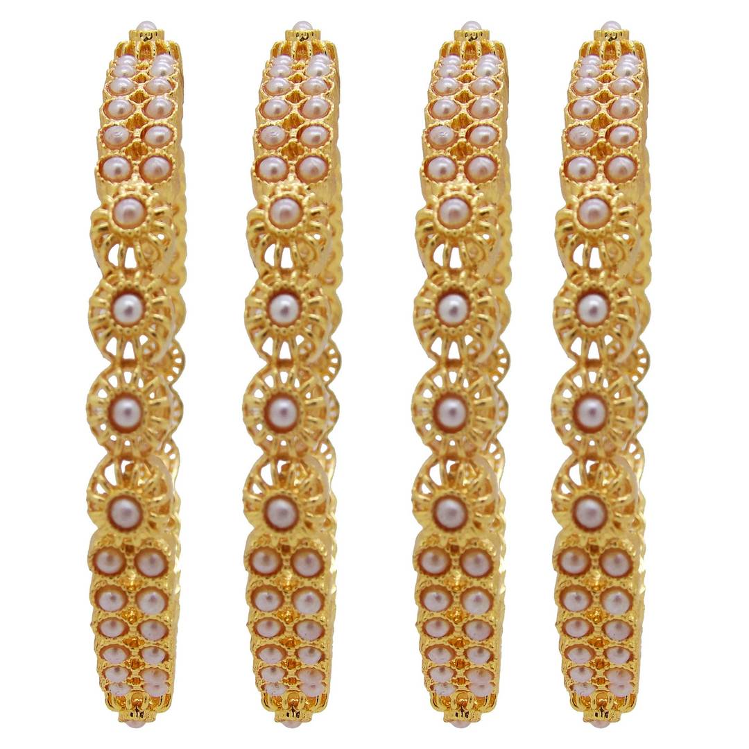 Women's Gold Plated Pearl Studded Set Of 2 (4Pc) Kada Bangle