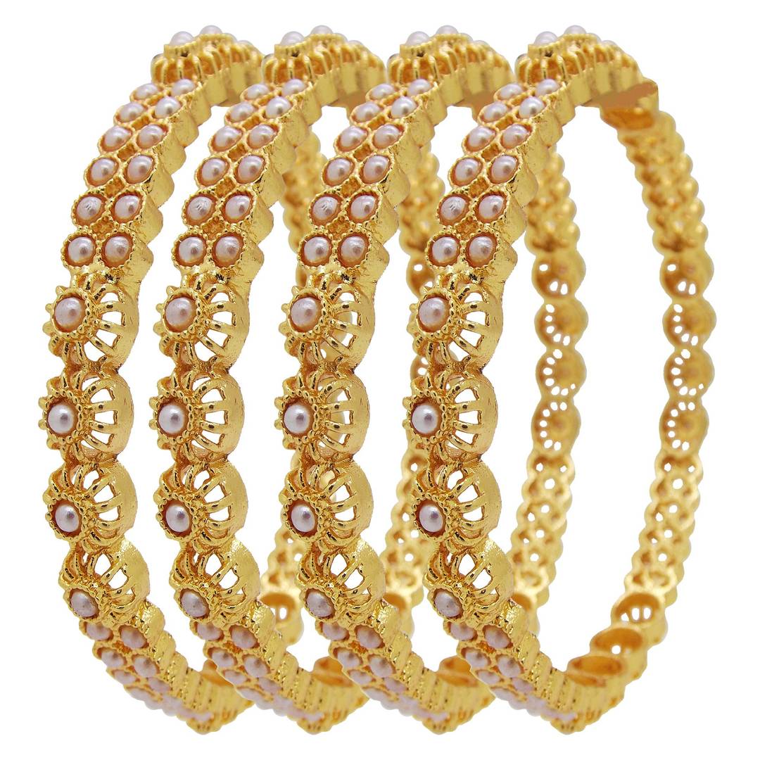 Women's Gold Plated Pearl Studded Set Of 2 (4Pc) Kada Bangle