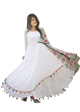 Stylish White Georgette Pom Pom Long Maxi Dress For Women