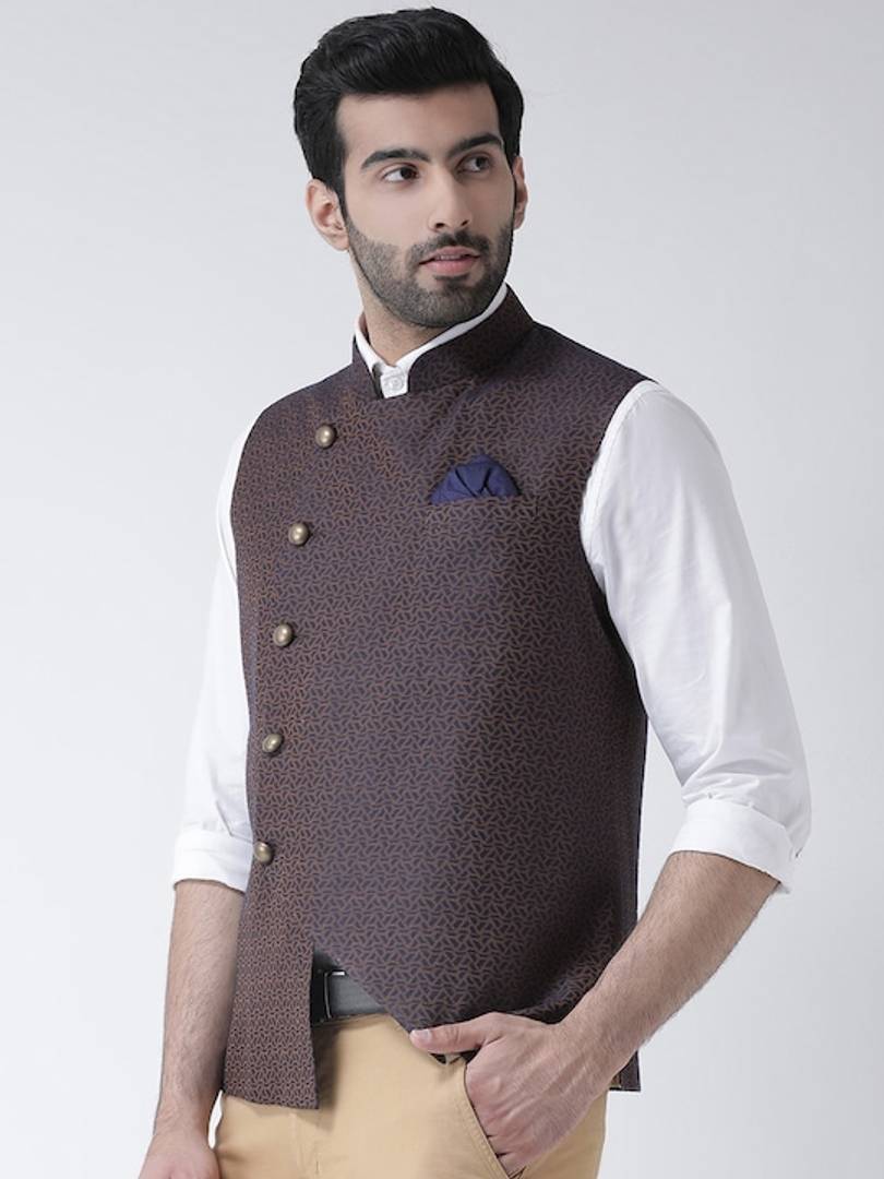 Men's Brown 
Cotton Blend
 Woven Design Nehru Jackets