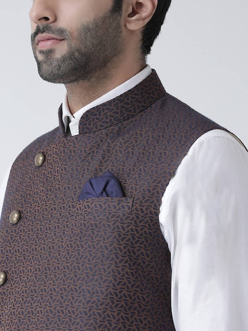 Men's Brown 
Cotton Blend
 Woven Design Nehru Jackets