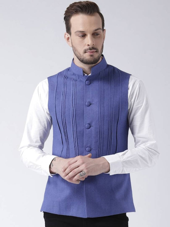 Men's Blue Wool
 Woven Design Nehru Jackets