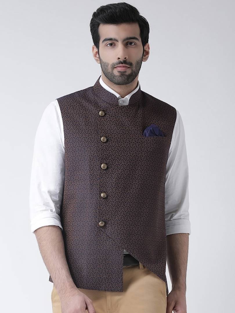 Men's Brown 
Cotton Blend
 Woven Design Nehru Jackets