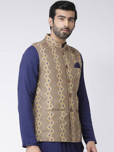 Men's Khaki Viscose
 Printed Nehru Jackets