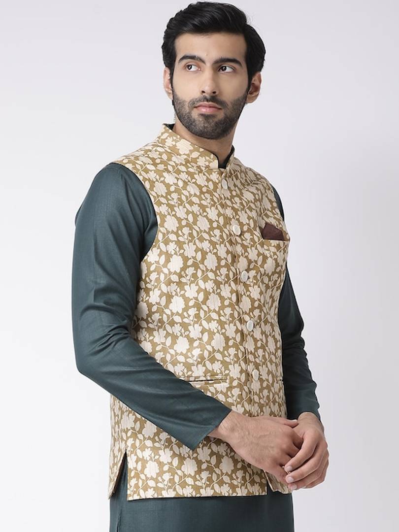 Men's Beige 
Cotton Blend
 Printed Nehru Jackets