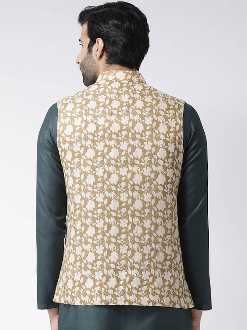 Men's Beige 
Cotton Blend
 Printed Nehru Jackets