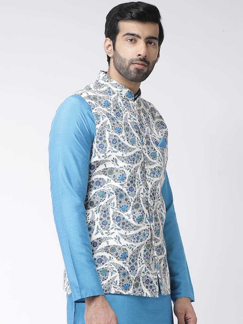 Men's White Cotton
 Printed Nehru Jackets