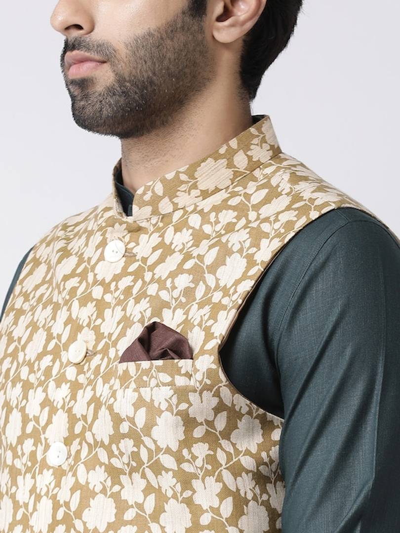 Men's Beige 
Cotton Blend
 Printed Nehru Jackets