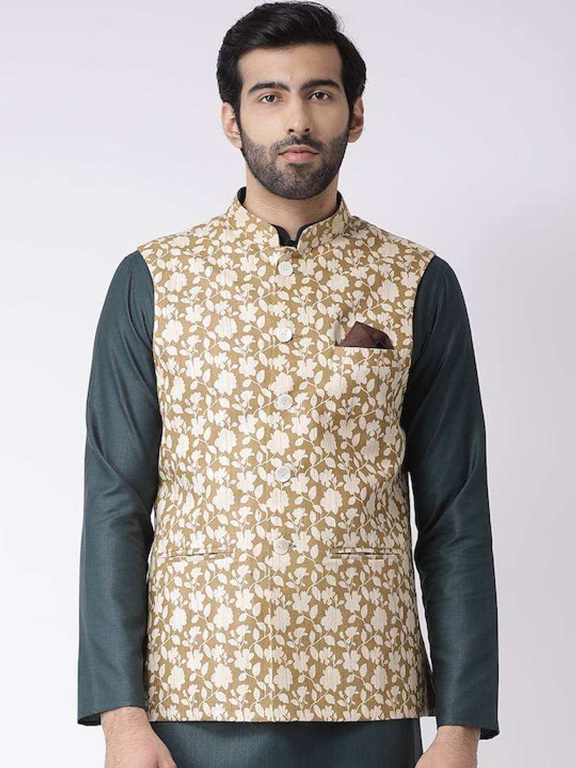 Men's Beige 
Cotton Blend
 Printed Nehru Jackets