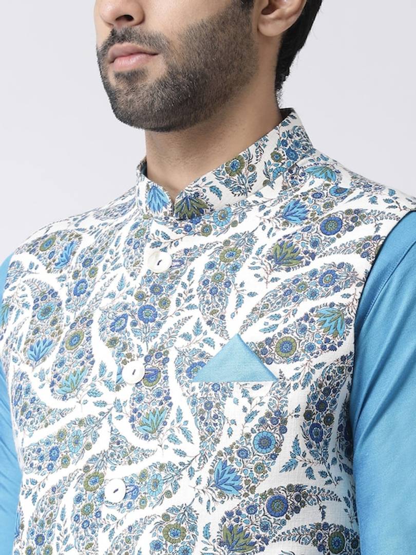 Men's White Cotton
 Printed Nehru Jackets