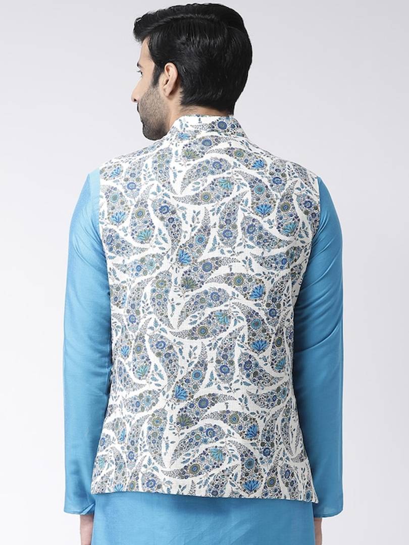 Men's White Cotton
 Printed Nehru Jackets