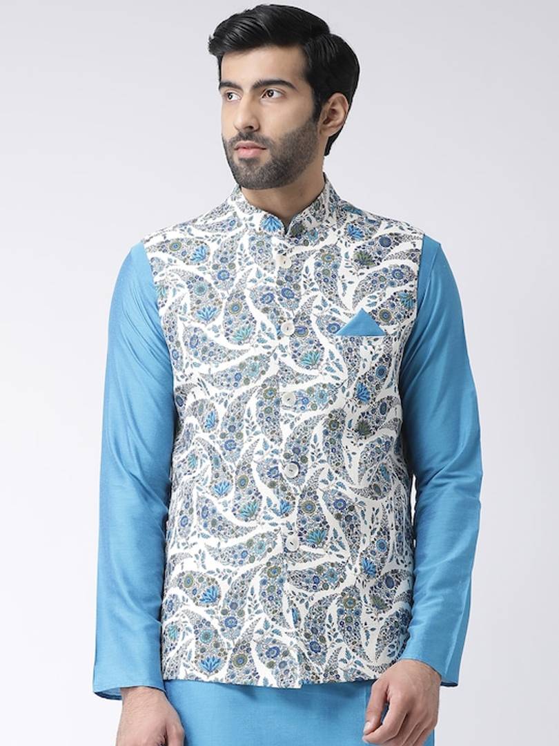 Men's White Cotton
 Printed Nehru Jackets