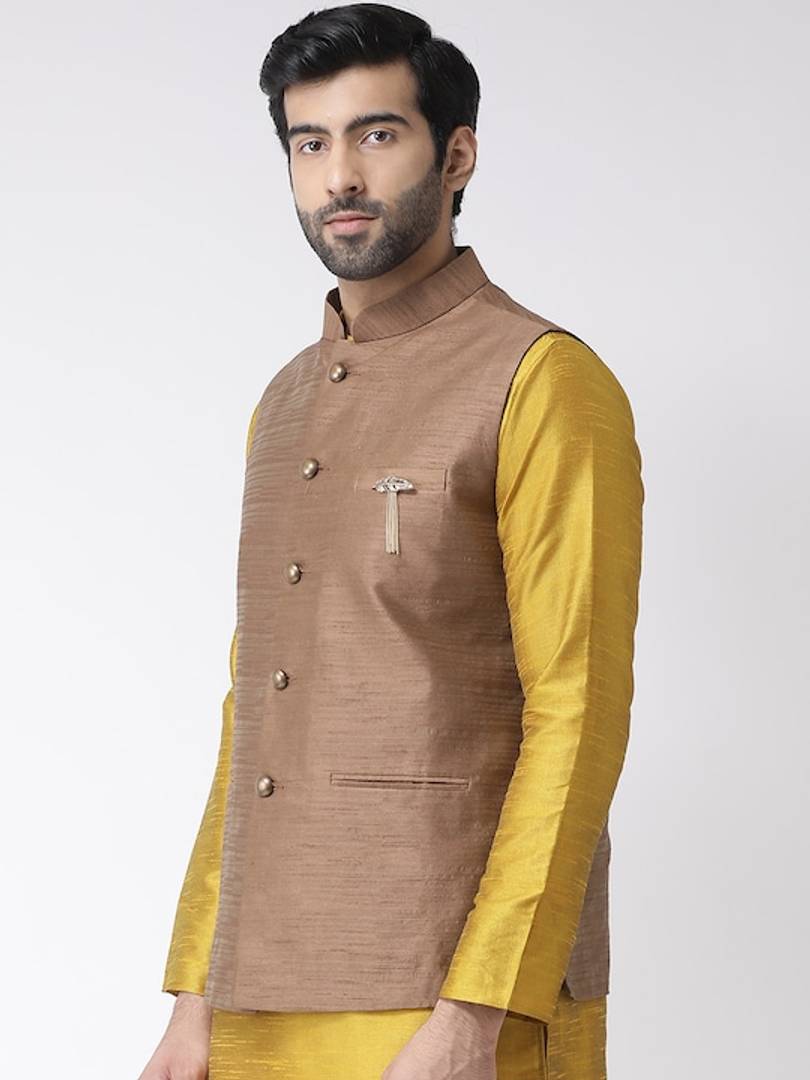 Men's Brown 
Cotton Blend
 Woven Design Nehru Jackets