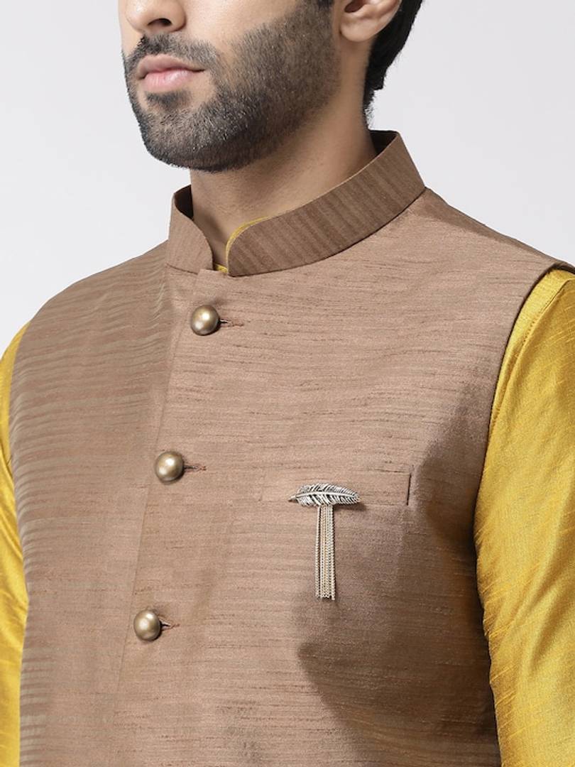 Men's Brown 
Cotton Blend
 Woven Design Nehru Jackets